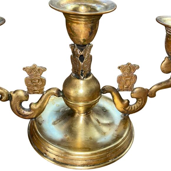 Vintage ornate Aztec brass three-arm candelabra boho Hollywood - Picture 3 of 11